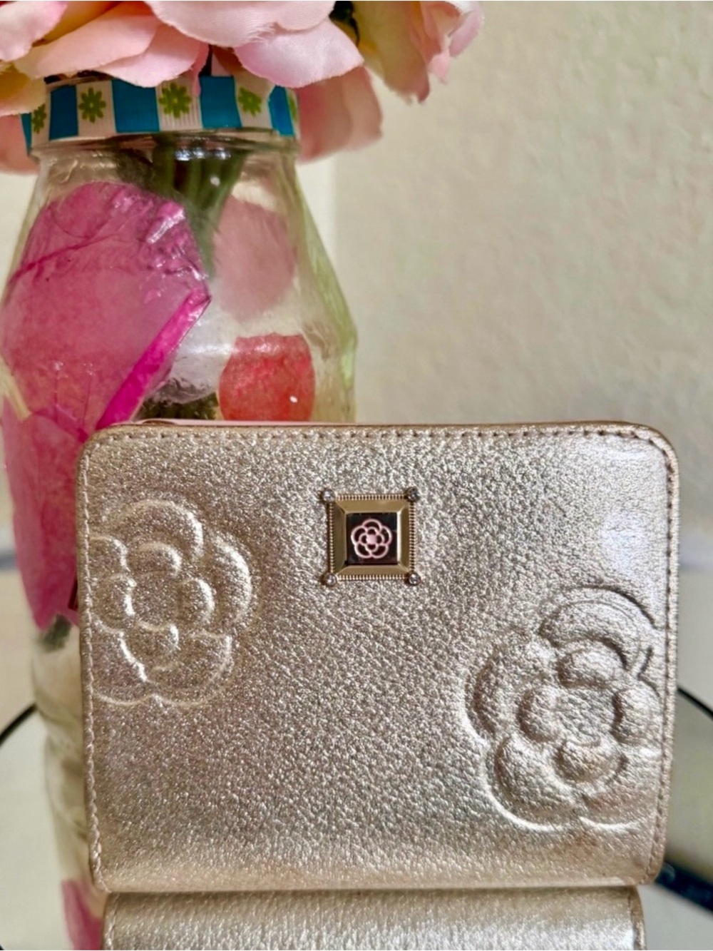 CLATHAS Marigold Camellia Bi-Fold Wallet Metallic Gold Clutch